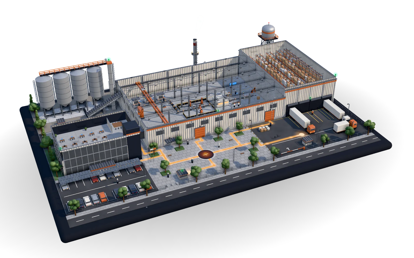 Una fábrica con sus oficinas, silos, la nave de producción y el depósito, andando con FORJA.